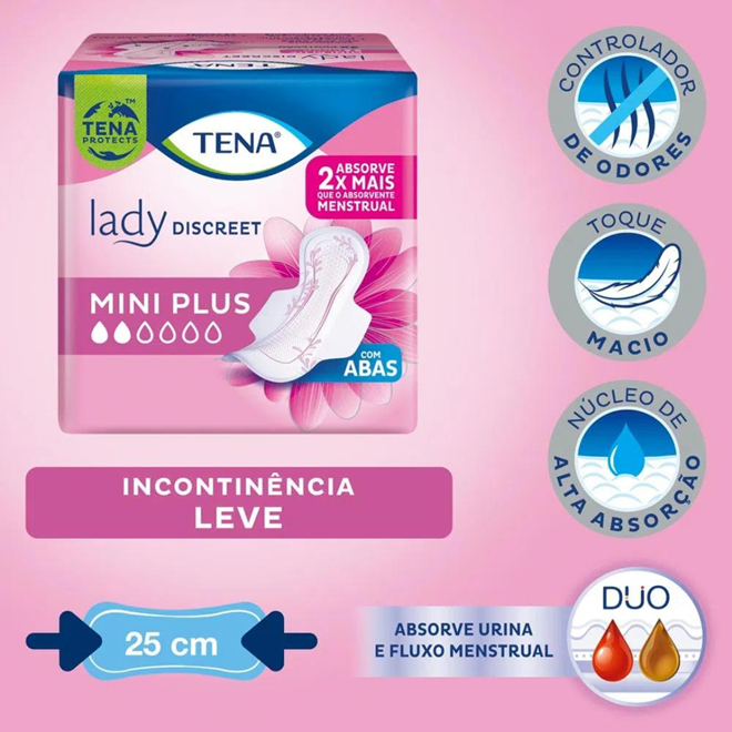 ABSORVENTE TENA LADY DISCREET MINI PLUS COM ABAS 8 UNIDADES